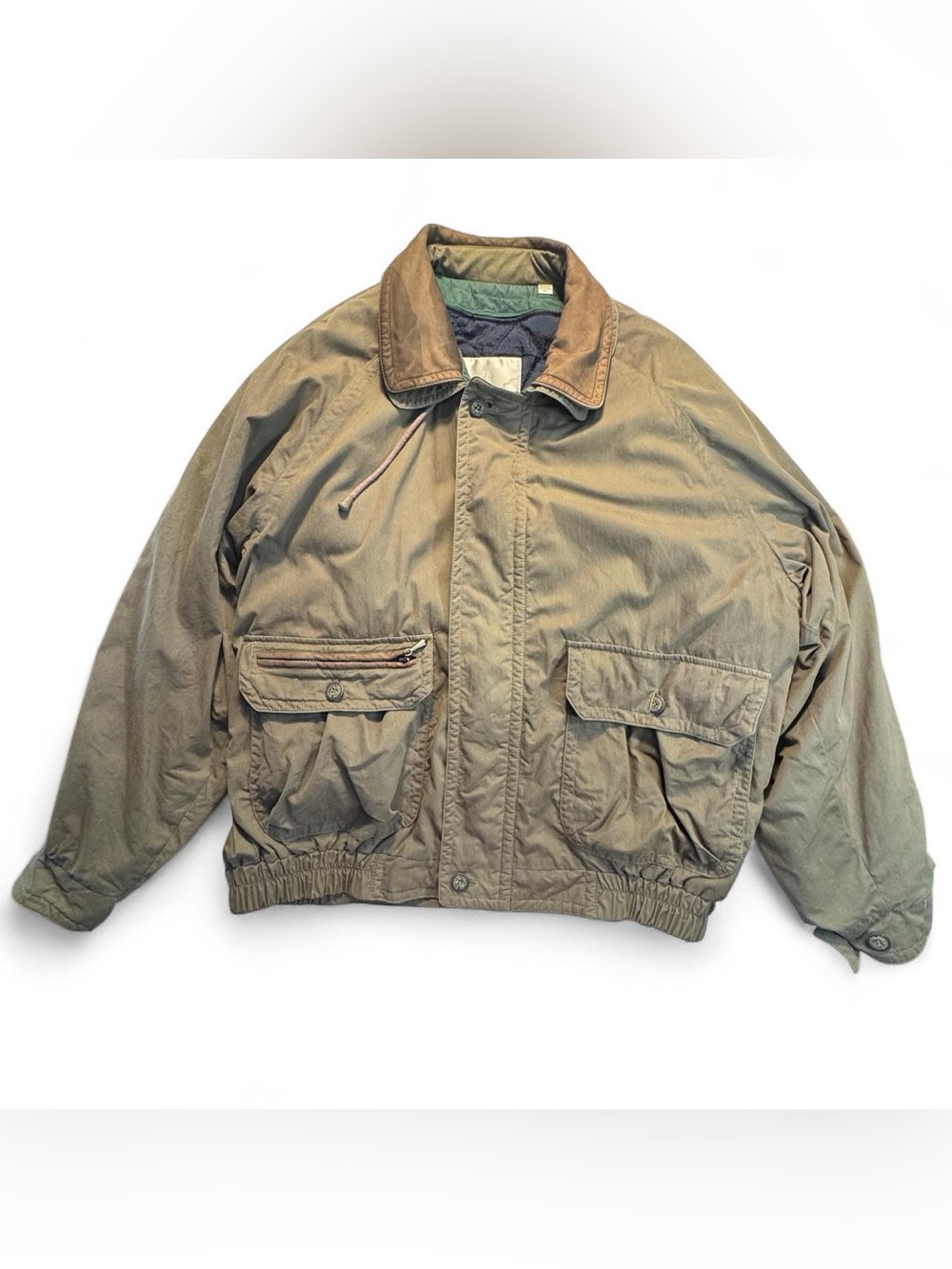 Vintage London Fog Bomber Jacket Men’s L Green Canvas Leather Collar Warm Winter